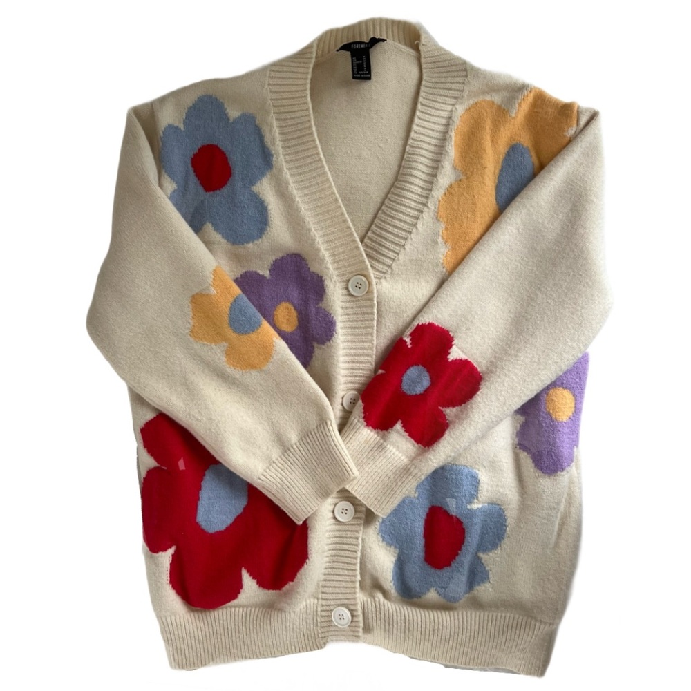 Forever 21 Floral Cream Knit Sweater  Cardigan Women’s size Medium